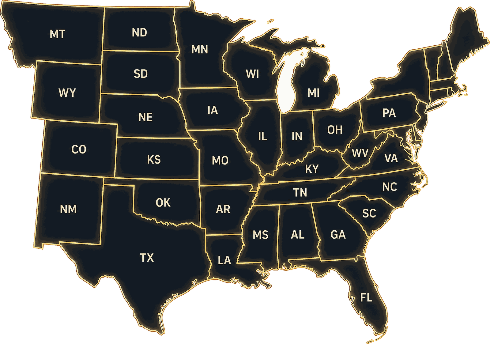 Map of the contiguous United States with Trinity River's Southeast and Midwest acquisition footprint emphasized